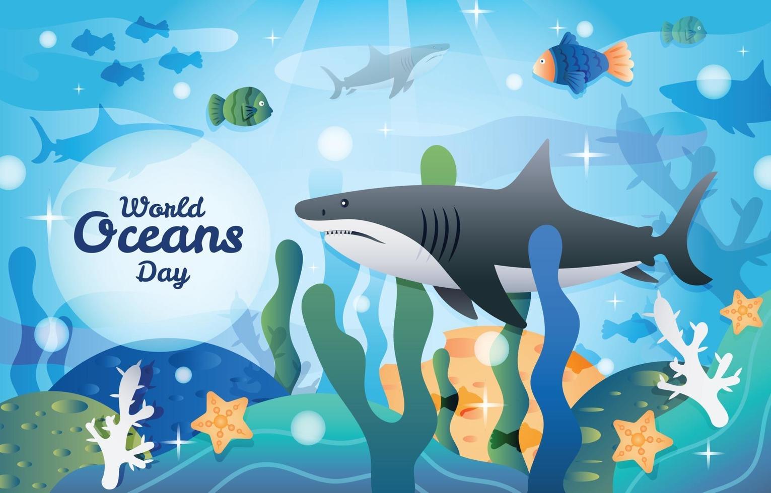 World Oceans Day with Shark Background Template vector