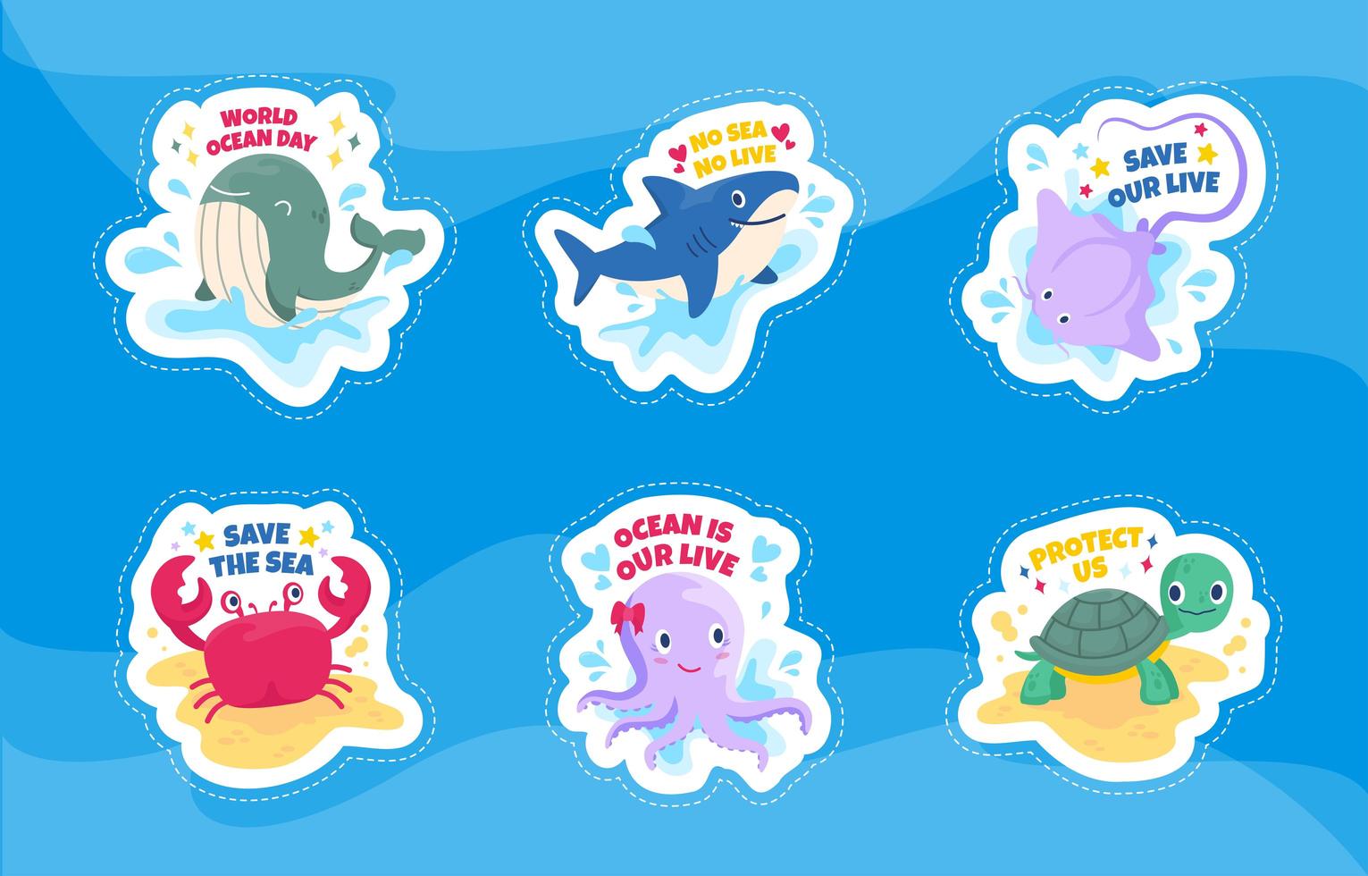 Cute Cartoon Sea Animal World Ocean Day Sticker Set vector