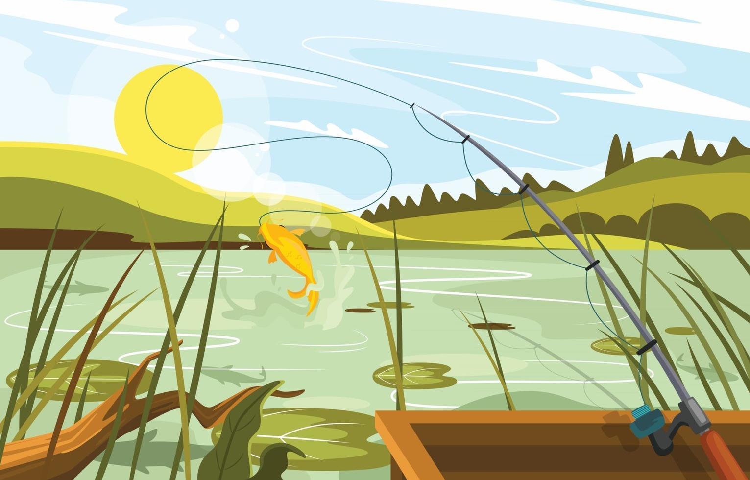 pescando en el lago con hermoso paisaje vector