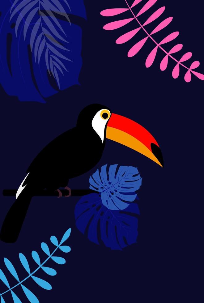 diseño de fondo de hojas de palma y pájaro tucán tropical vector