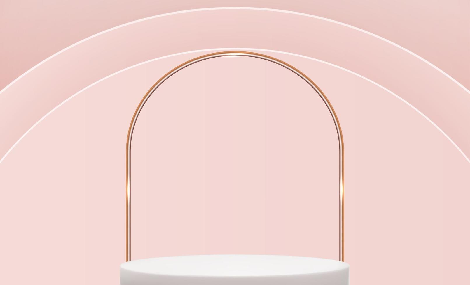 Realistic 3d pedestal over pink circle background. Trendy empty podium display for ads cosmetic product presentation vector