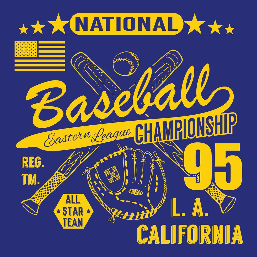 béisbol deporte tipografía liga oriental los angeles boceto de bate de béisbol cruzado y guante diseño de impresión de camiseta gráficos vector ilustración cartel insignia aplique etiqueta