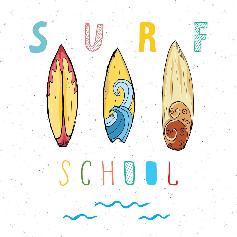 Surf boards hand drawn sketch tshirt print design surfing school typography Summer vintage retro badge template vector illustration