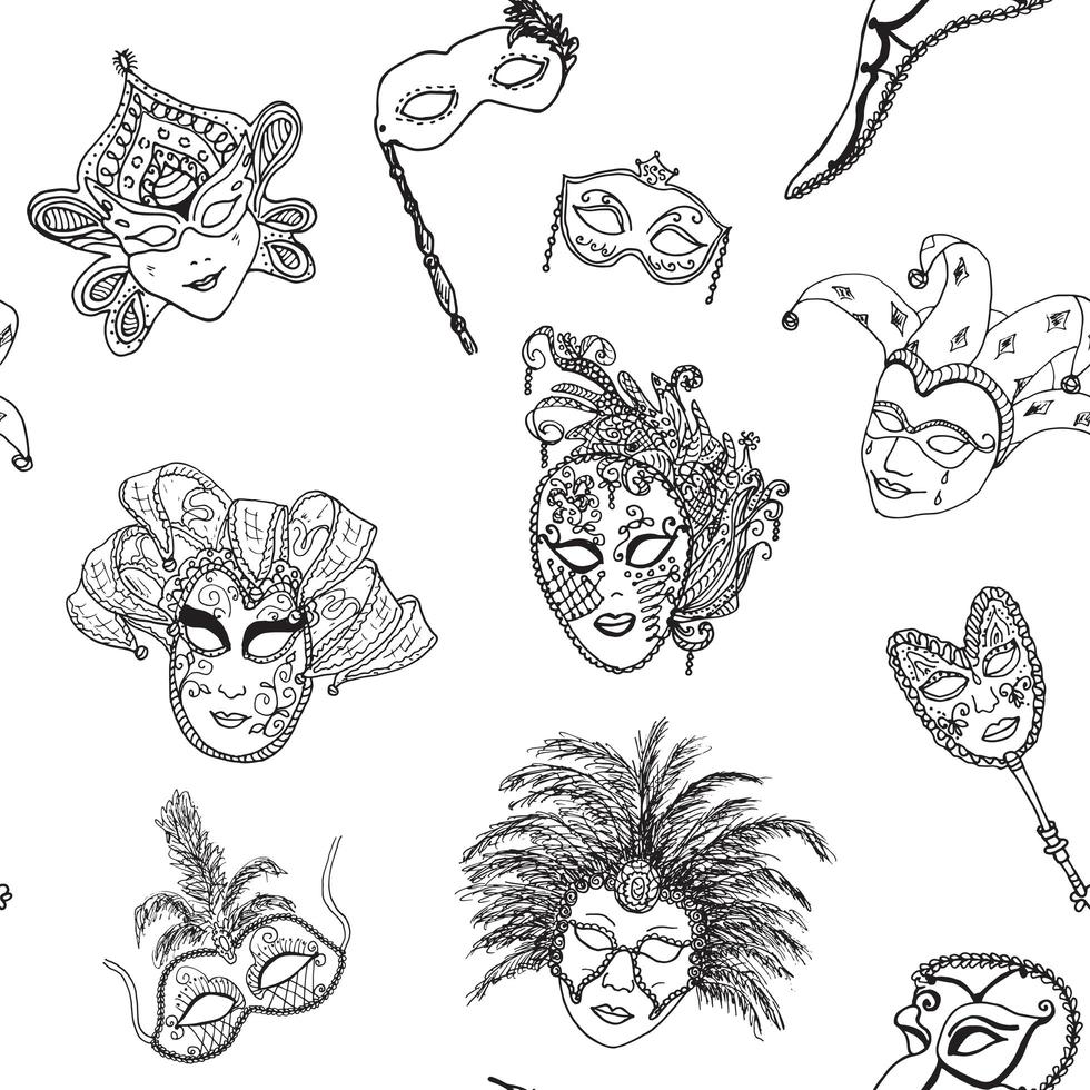 Venecia Italia carnaval máscaras de patrones sin fisuras boceto dibujado a mano festival veneciano italiano doodle dibujo fondo vector