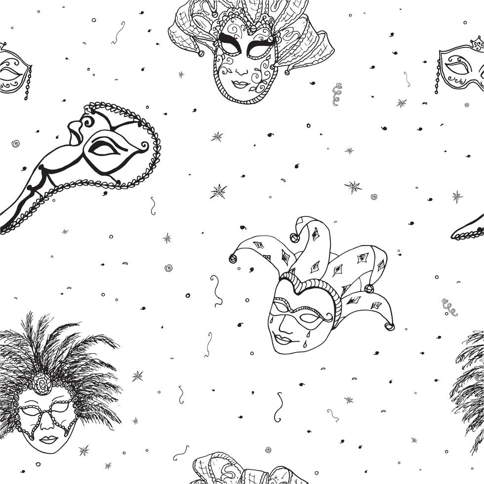 Venice Italy carnival masks seamless pattern Hand drawn sketch Italian Venetian festival Doodle Drawing background vector