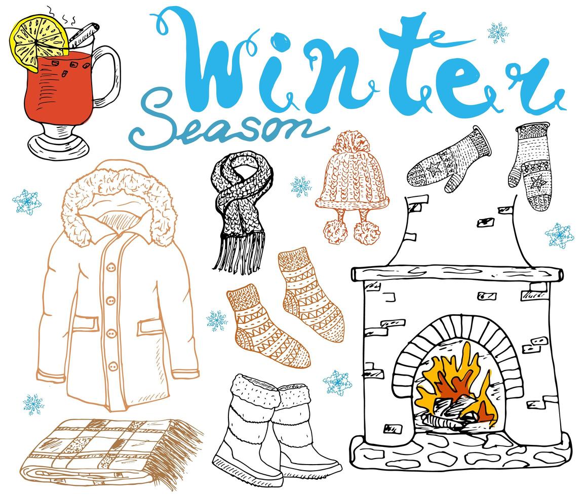 Winter season set doodles elements Hand drawn set with glass of hot wine boots clothes fireplace warm blanket socks and hat and lettering words Drawing set isolated on white vector
