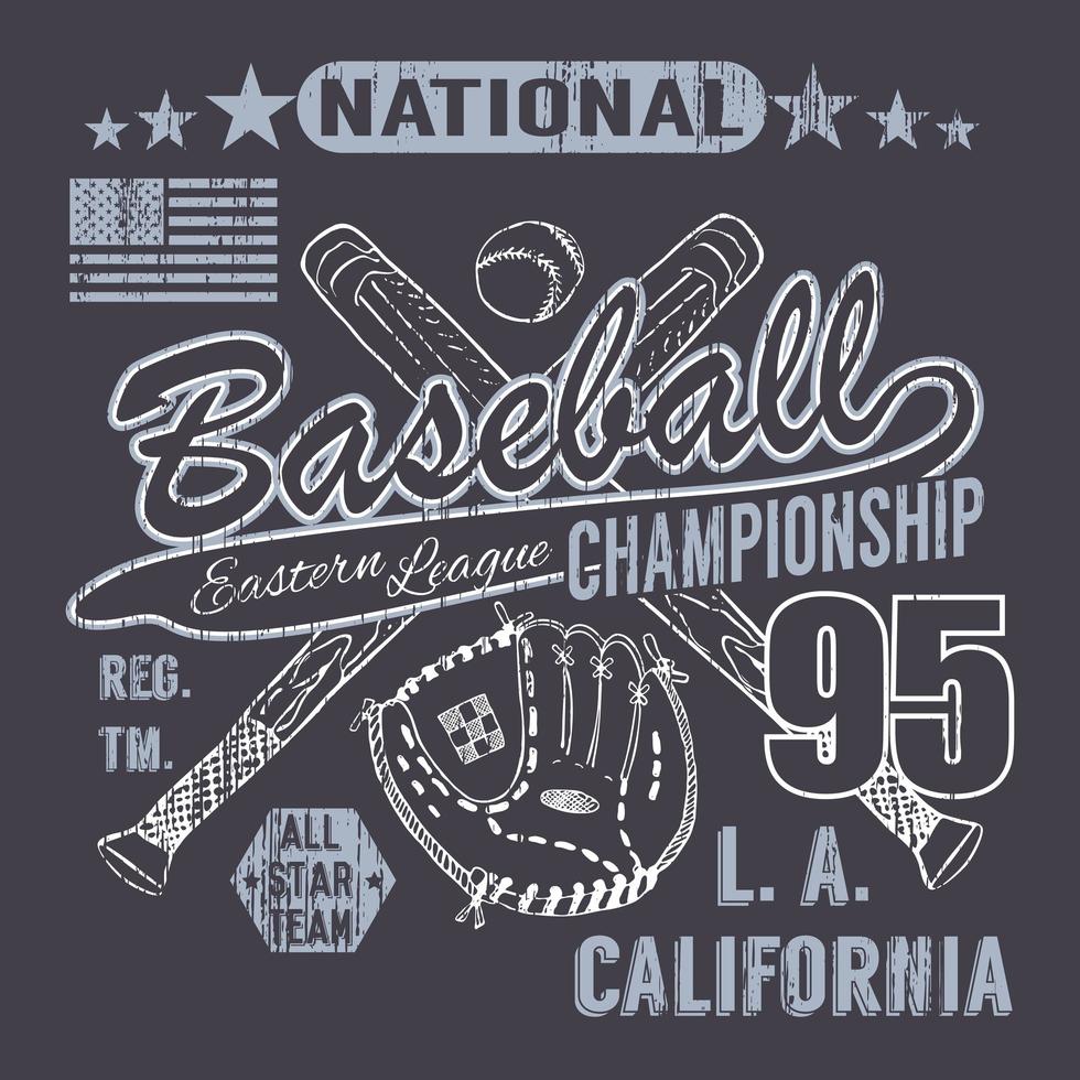 béisbol deporte tipografía liga oriental los angeles boceto de bate de béisbol cruzado y guante diseño de impresión de camiseta gráficos vector ilustración cartel insignia aplique etiqueta