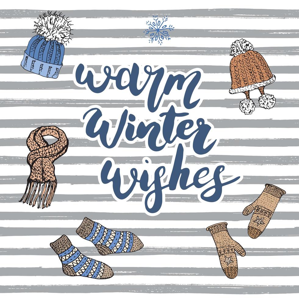 Winter season lettering warm winter wishes Hand drawn set sketch doodle elements collection with warm clothes socks gloves and hat Vector illustration
