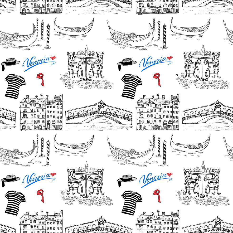 Venecia Italia de patrones sin fisuras boceto dibujado a mano con góndolas gondolero ropa casas mercado puente y mesa de café con sillas dibujo de garabato aislado en blanco vector