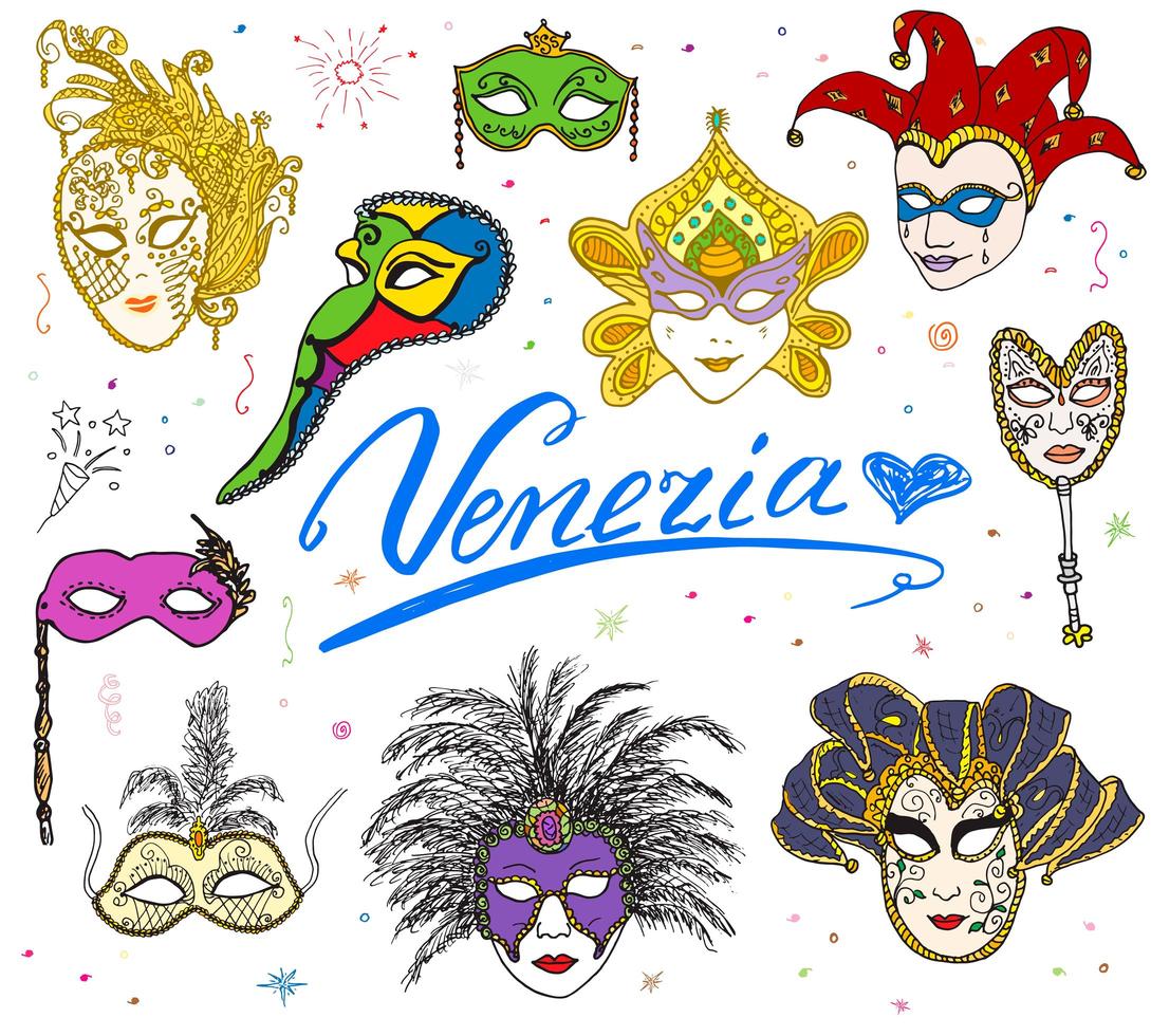 Venecia Italia boceto carnaval máscaras venecianas dibujadas a mano conjunto dibujo garabato colección aislado vector