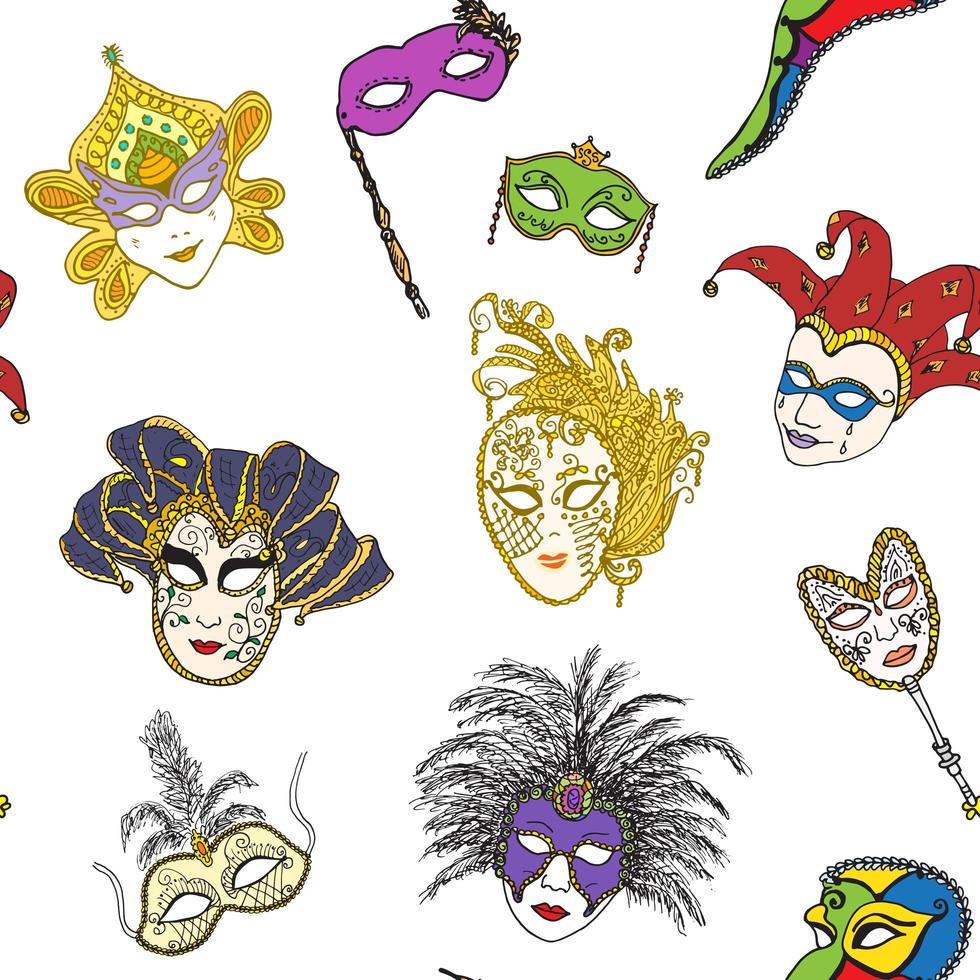 Venice Italy carnival masks seamless pattern Hand drawn sketch Italian Venetian festival Doodle Drawing background vector