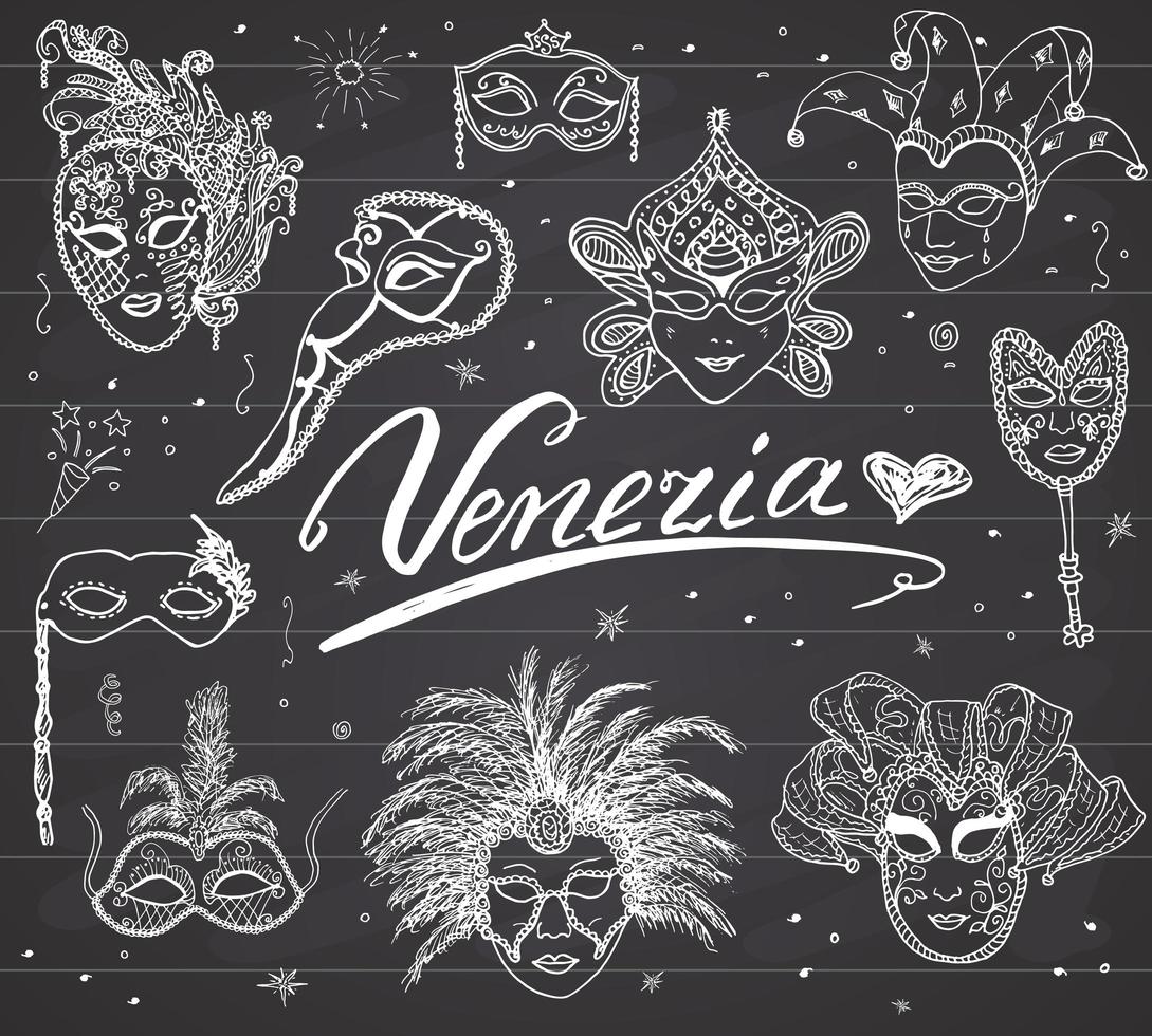 Venecia Italia carnaval boceto máscaras venecianas conjunto dibujado a mano dibujo doodle colección sobre fondo de pizarra vector