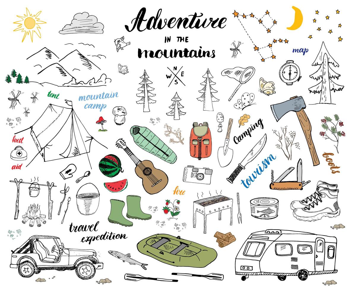 Camping Hiking Hand Drawn sketch doodle set vector illustration