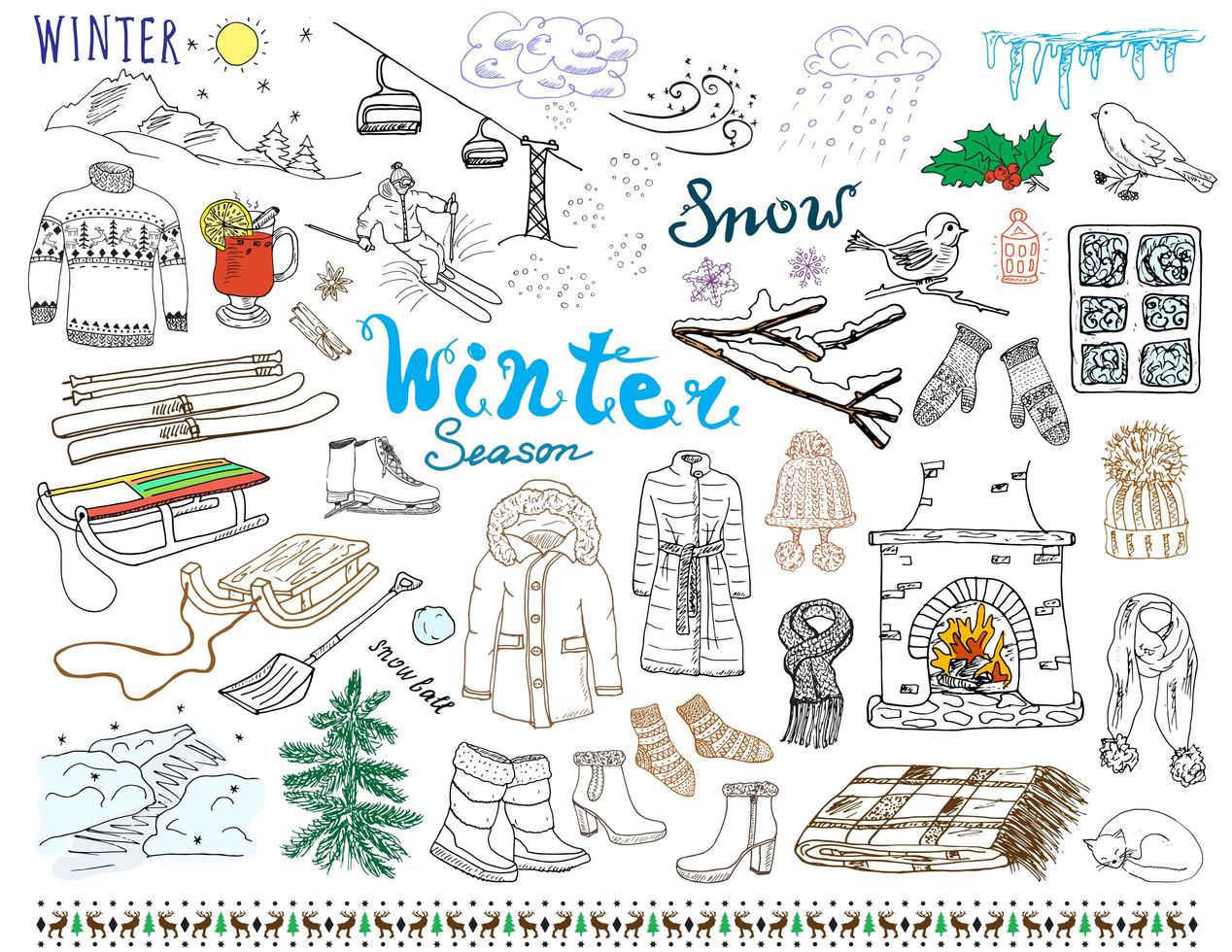 Winter season set doodles elements Hand drawn set with glass hot wine boots clothes fireplace mountains ski and sledge warm blanket socks and hats and lettering words Drawing set isolated vector