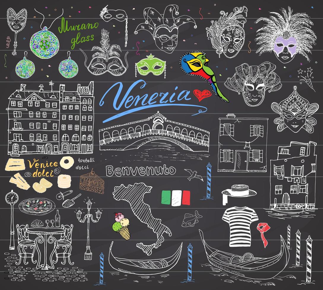 Venice Italy sketch elements Hand drawn set with flag map gondolas gondolier clothes houses pizza traditional sweets carnival venetian masks market bridge Drawing doodles on chalkboard vector