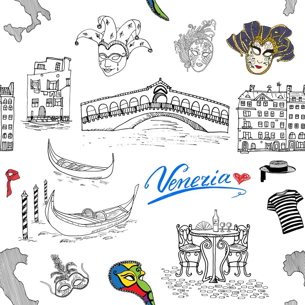 Venice Italy seamless pattern Hand drawn sketch Doodle drawing vector illustration