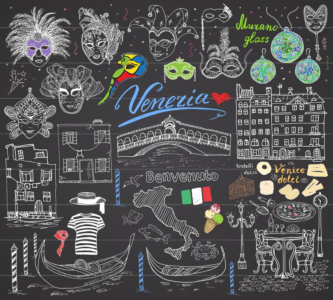 Venice Italy sketch elements Hand drawn set with flag map gondolas gondolier clothes houses pizza traditional sweets carnival venetian masks market bridge Drawing doodles on chalkboard vector