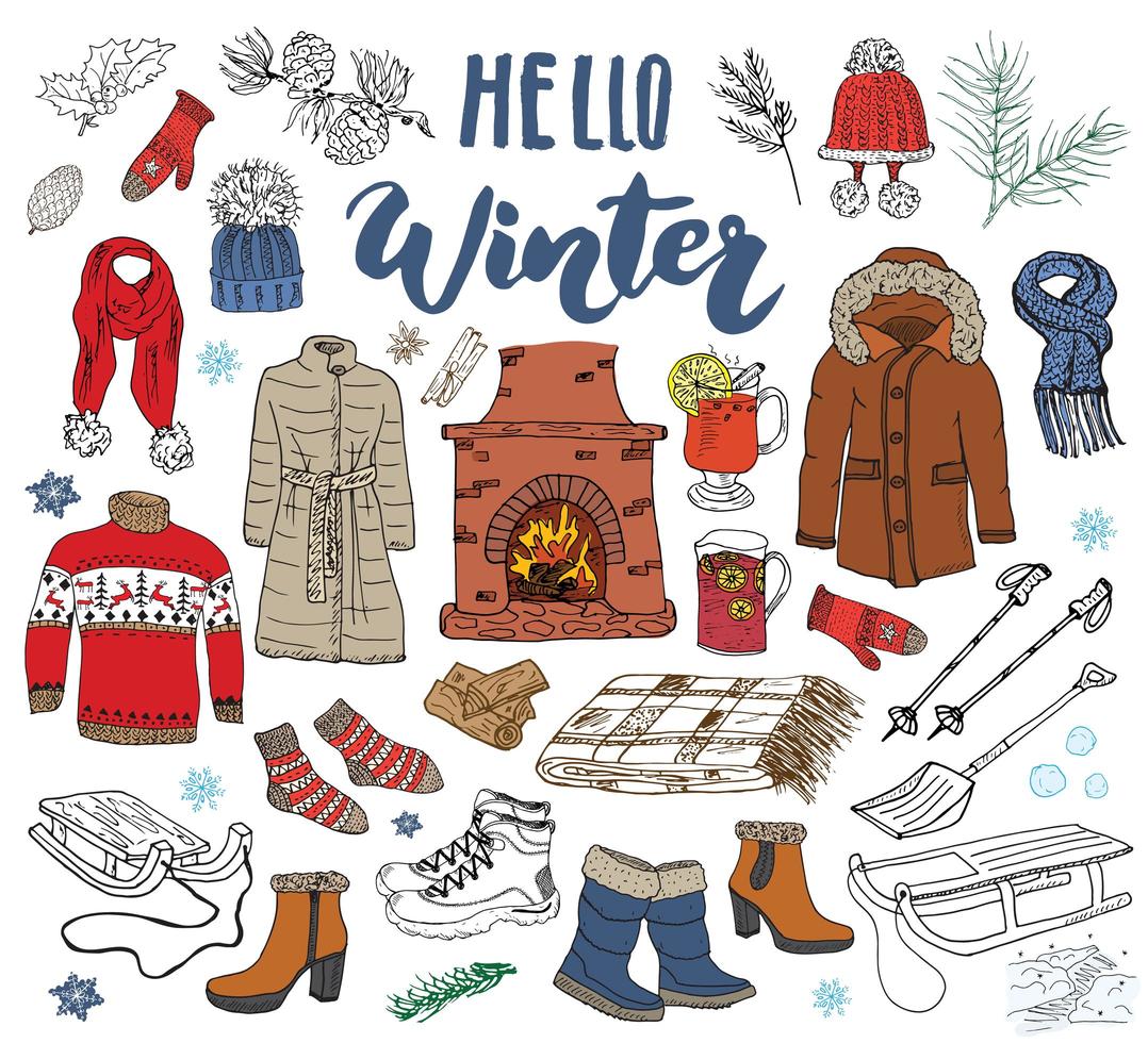 Winter season set doodle elements Hand drawn sketch collection with fireplace glass of hot wine boots clothes warm blanket socks gloves and hats Lettering hello winter vector illustration