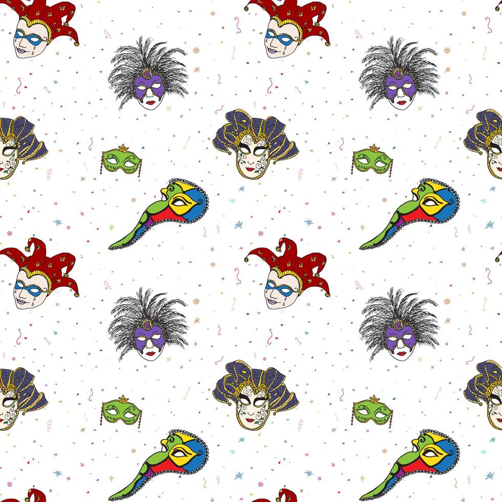 Venice Italy carnival masks seamless pattern Hand drawn sketch Italian Venetian festival Doodle Drawing background vector