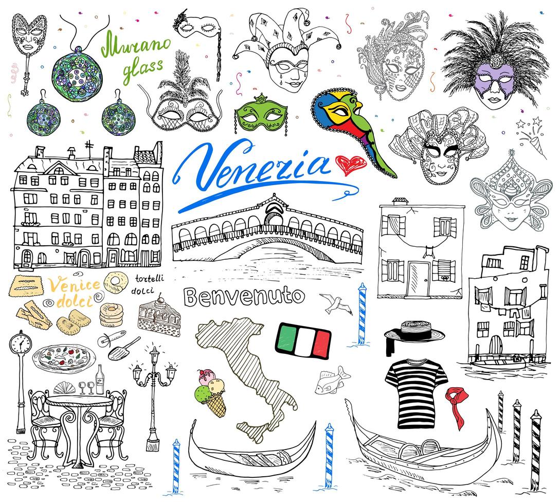 Venice Italy sketch elements Hand drawn set with flag map gondolas gondolier clothes houses pizza traditional sweets carnival venetian masks market bridge Drawing doodles isolated vector