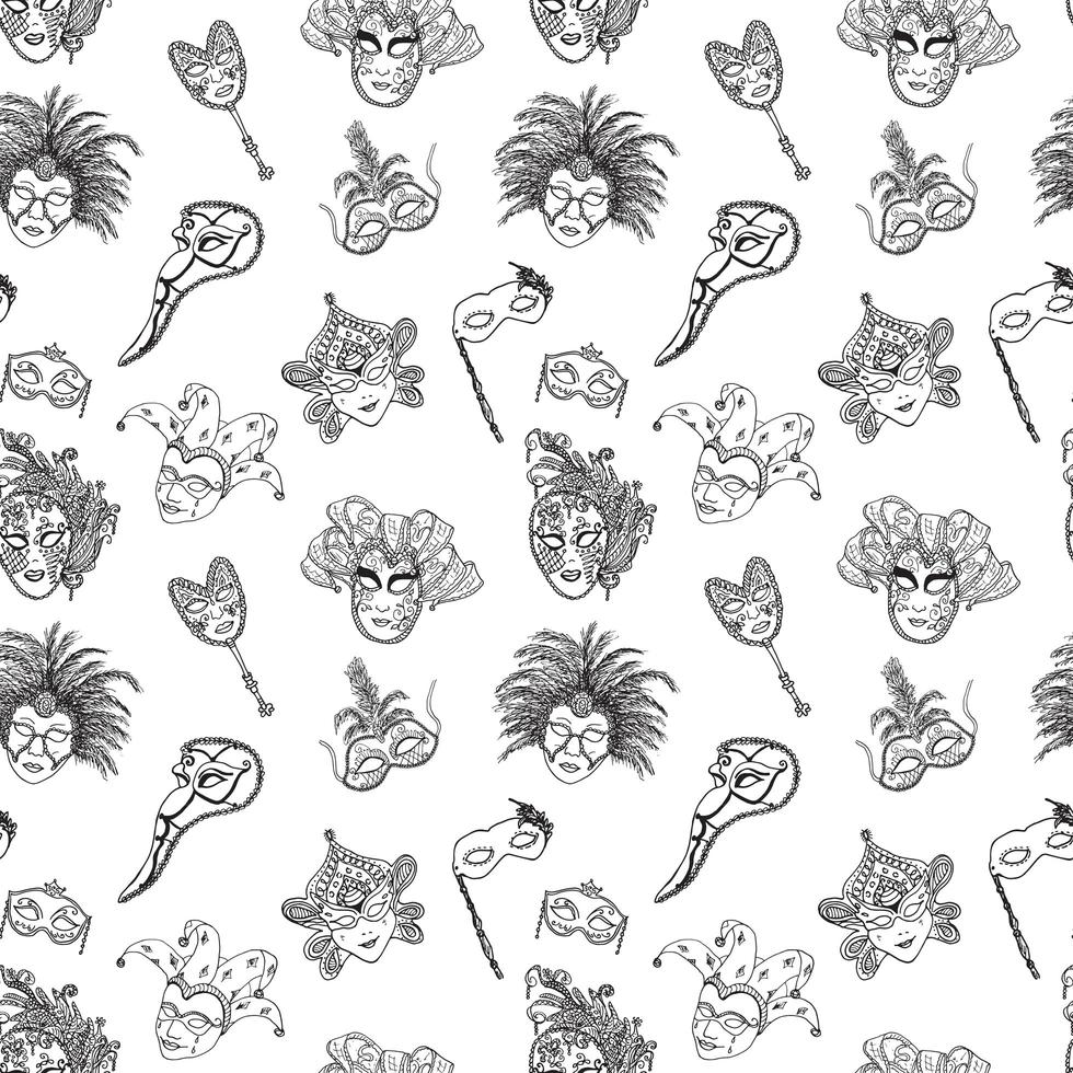 Venice Italy carnival masks seamless pattern Hand drawn sketch Italian Venetian festival Doodle Drawing background vector