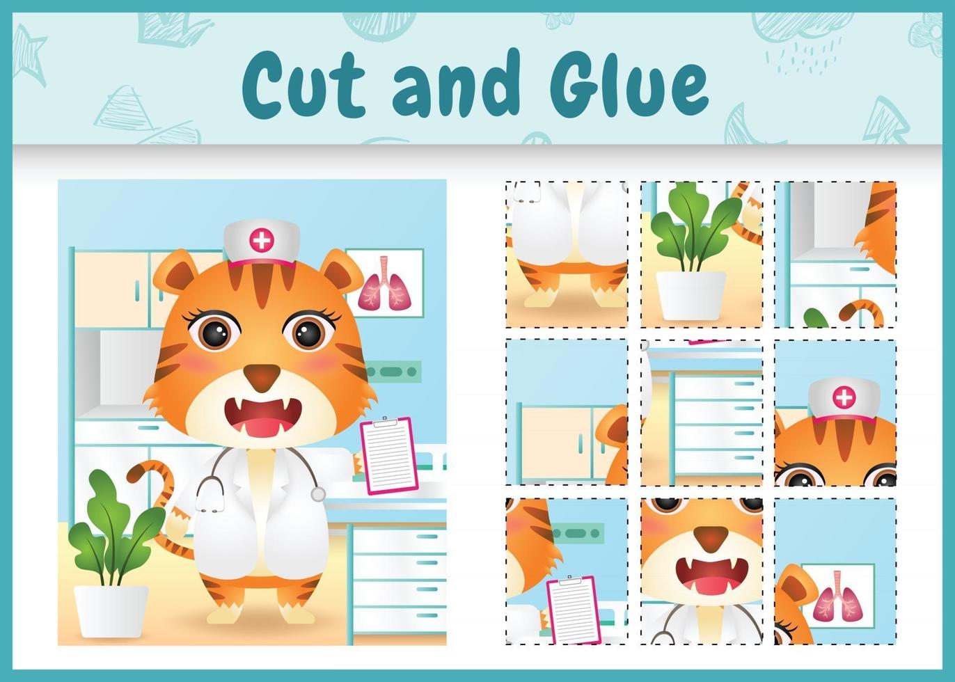 Children board game cut and glue with a cute tiger using costume nurses vector