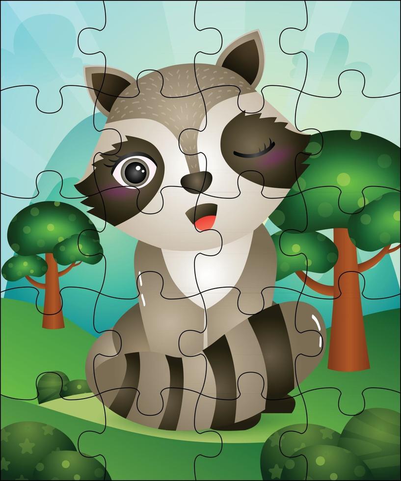 Puzzle game illustration for kids with cute raccoon vector