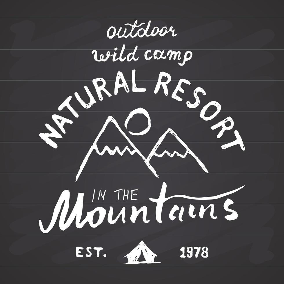 Mountains hand drawn sketch emblem outdoor camping and hiking activity Extreme sports outdoor adventure symbol vector illustration on chalkboard background