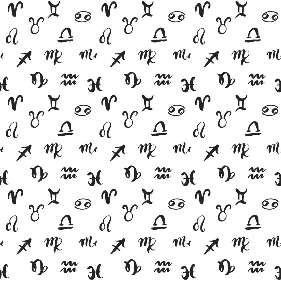 Zodiac signs seamless pattern Hand drawn horoscope astrology symbols grunge textured design typography print vector illustration
