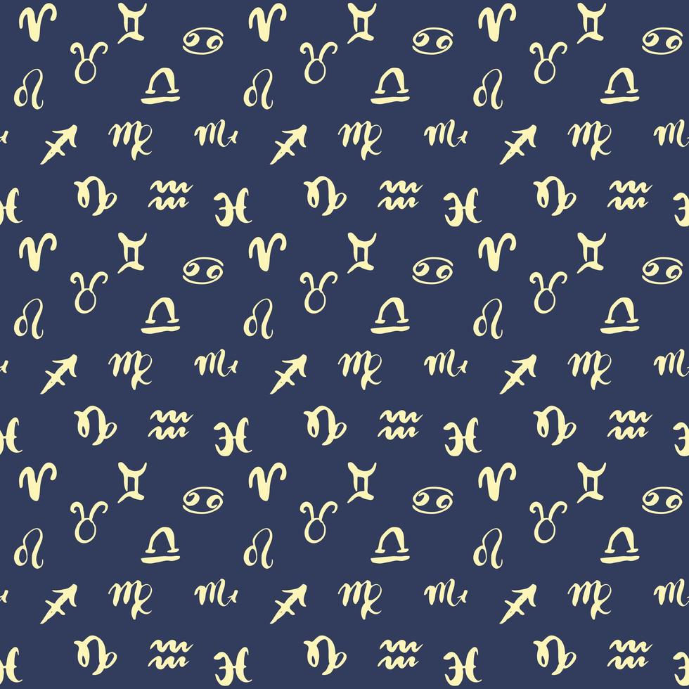 Zodiac signs seamless pattern Hand drawn horoscope astrology symbols grunge textured design typography print vector illustration