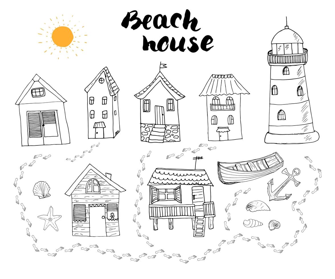 Cabañas de playa y bungalows doodle de contorno dibujado a mano con barco de madera de casa ligera y conchas de ancla y pasos en la ilustración de vector de playa de arena aislada sobre fondo blanco