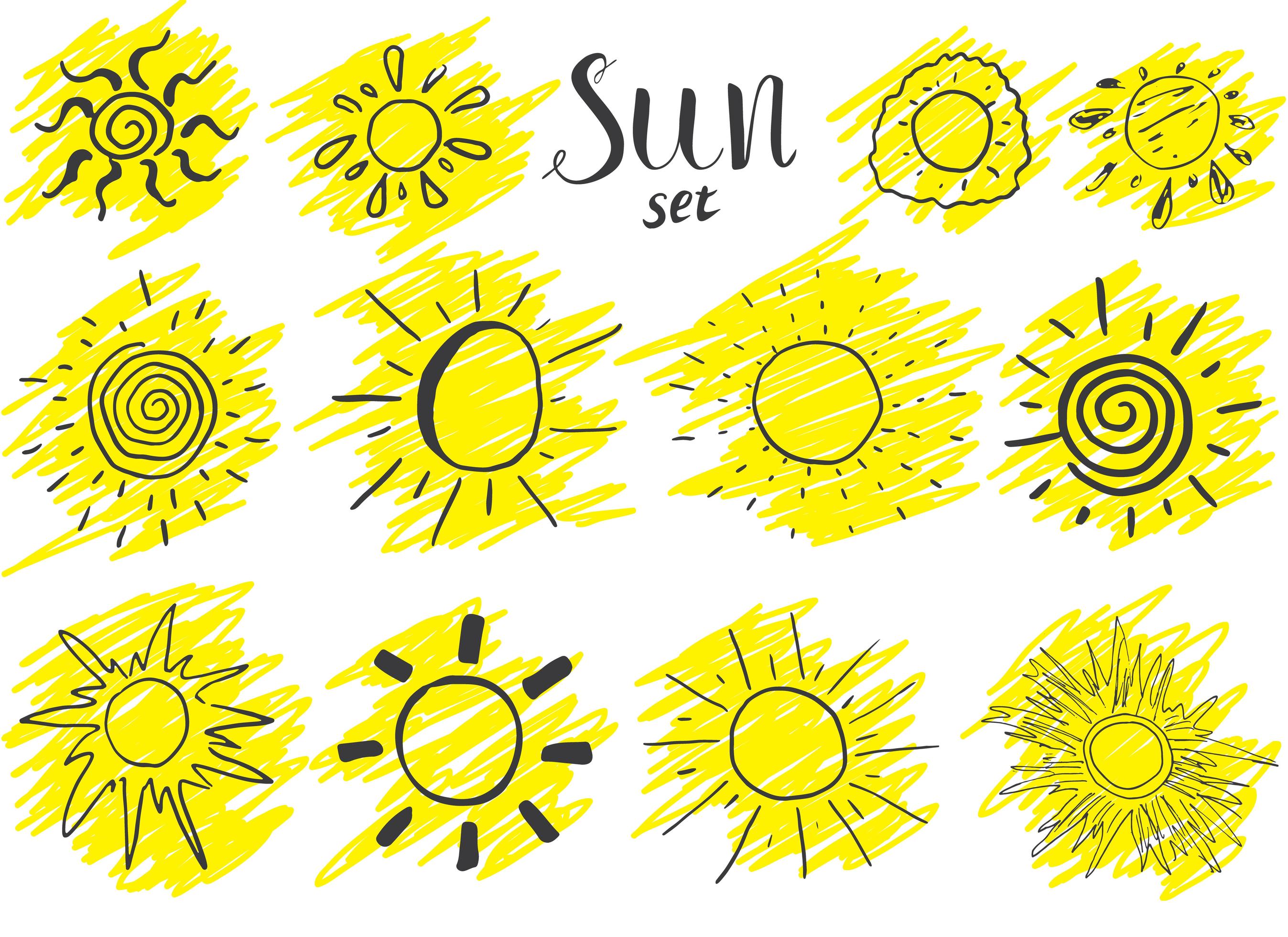 Hand drawn set of different suns sketch vector illustration isolated on