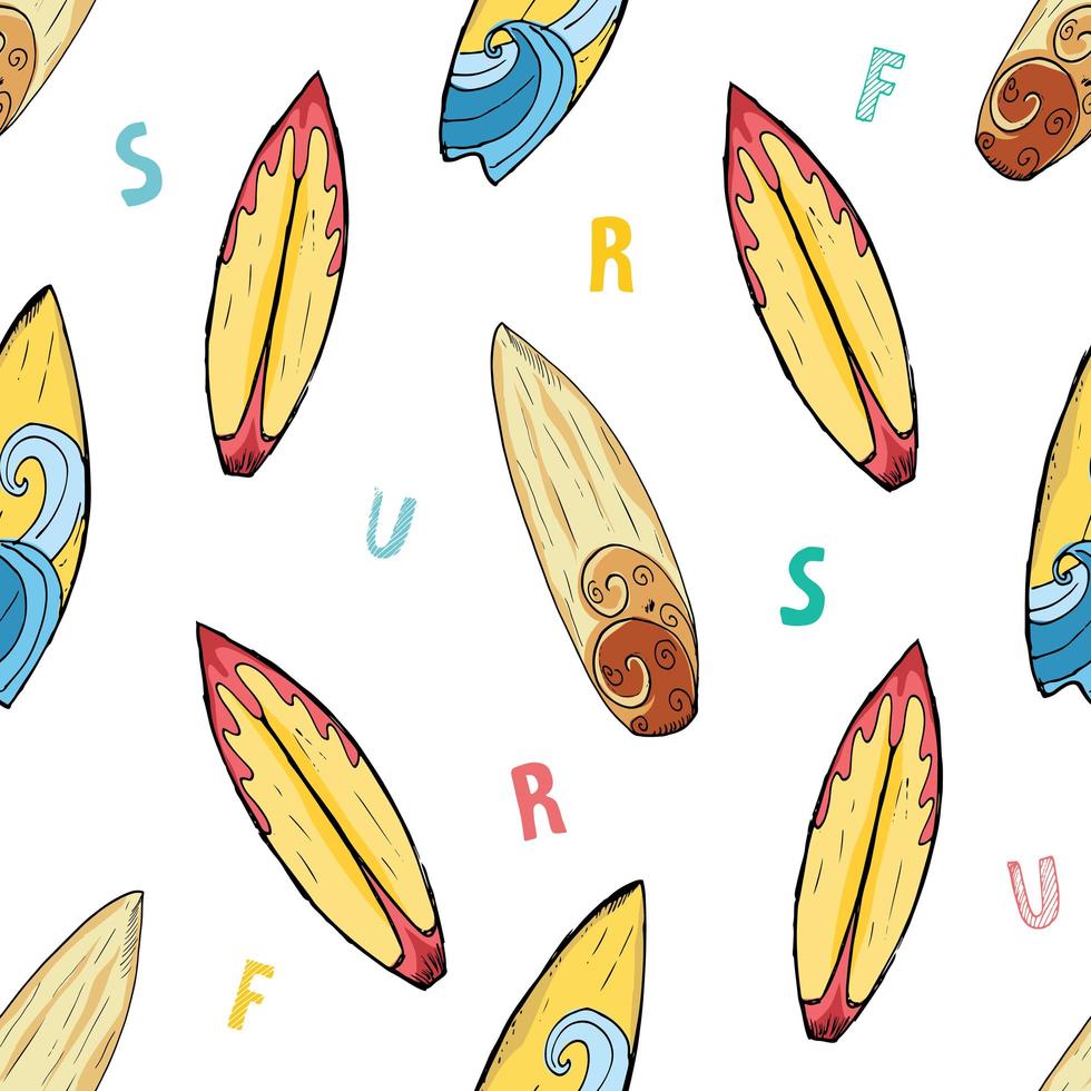 Surf boards seamless pattern hand drawn sketch background typography design vector illustration