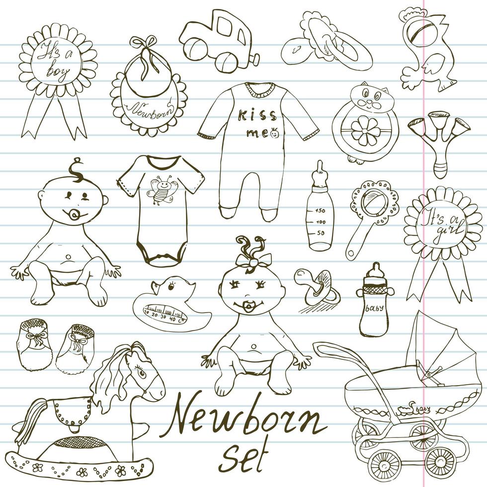 iconos de bebé juguetes ropa y cuna boceto dibujado a mano ilustración vectorial vector