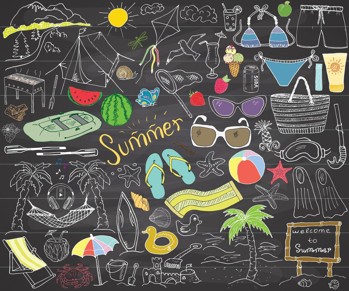 Summer season doodles elements Hand drawn sketch set with sun umbrella sunglasses palms and hammock beach camping items and mountains tent and raft grill kite Drawing doodle on chalkboard vector