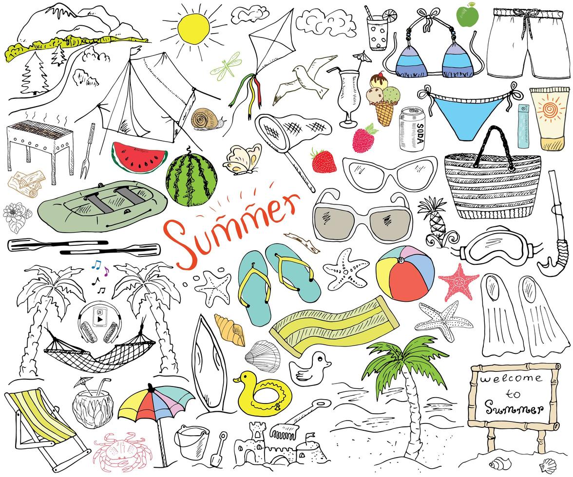 Summer season doodles elements Hand drawn sketch set Drawing doodle isolated on white vector