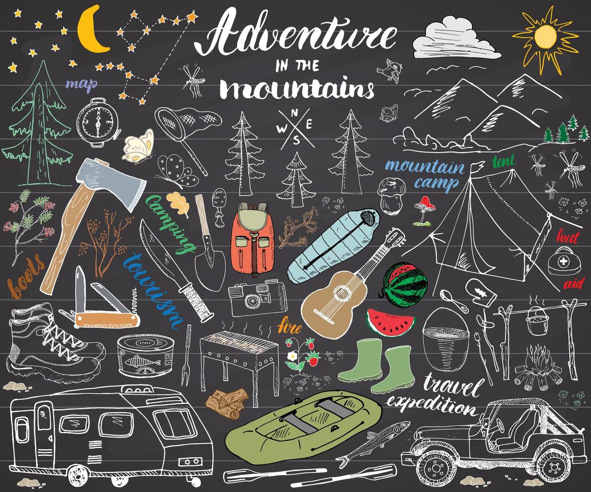 Camping Hiking Hand Drawn sketch set vector illustration on chalkboard