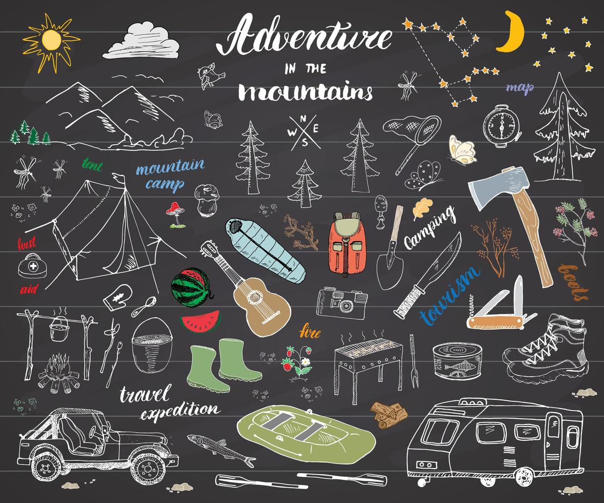 Camping Hiking Hand Drawn sketch doodle set vector illustration with mountains tent raft grill and campfire axe and knife pine trees tourist food trekking shoes and rubber boots on chalkboard