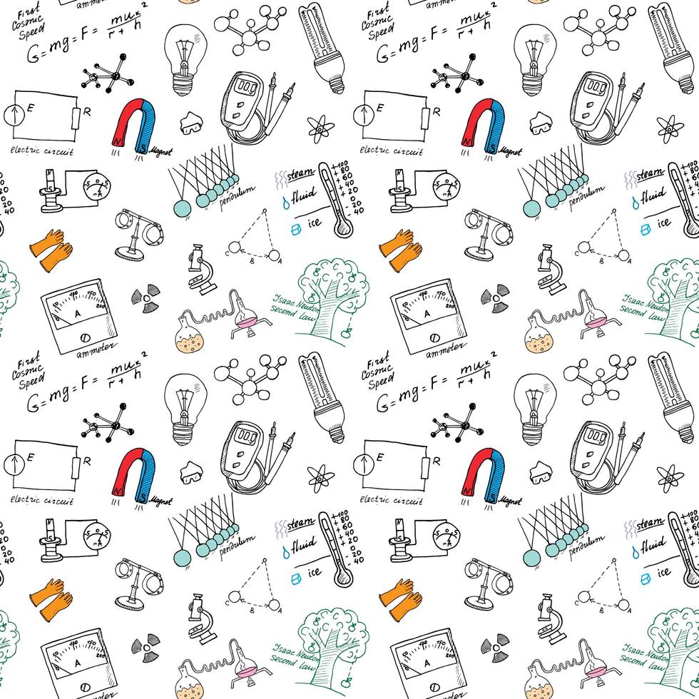 Physics and sciense seamless pattern with sketch elements Hand Drawn Doodles background Vector Illustration