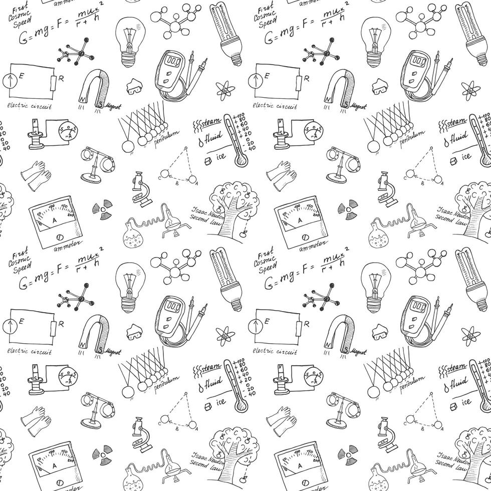 Physics and sciense seamless pattern with sketch elements Hand Drawn Doodles background Vector Illustration