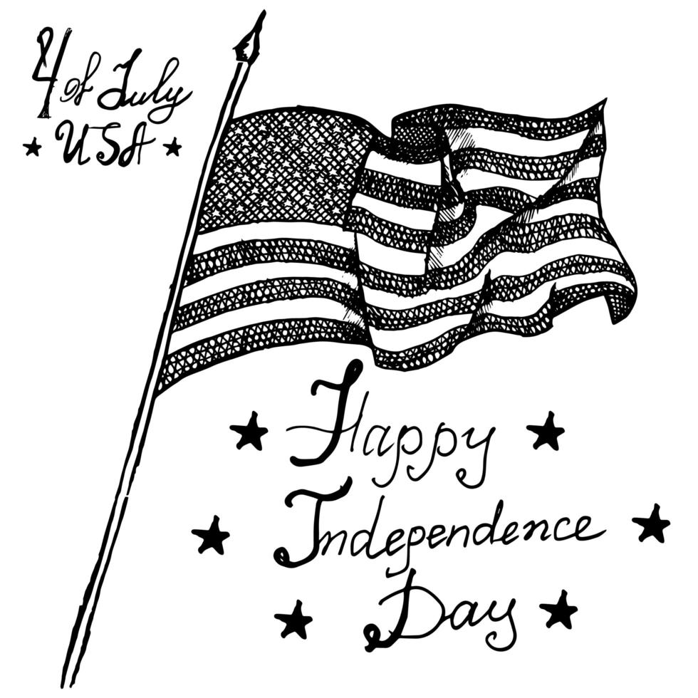 Usa waving flag, American symbol, forth of july, Hand drawn sketch, text happy independence day, vector illustration, isolated on white