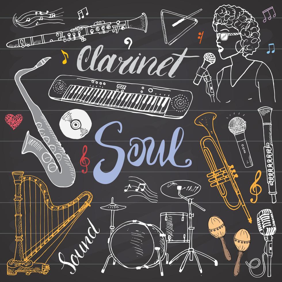 Music Instruments Set Hand Drawn Sketch Vector Illustration On Chalkboard