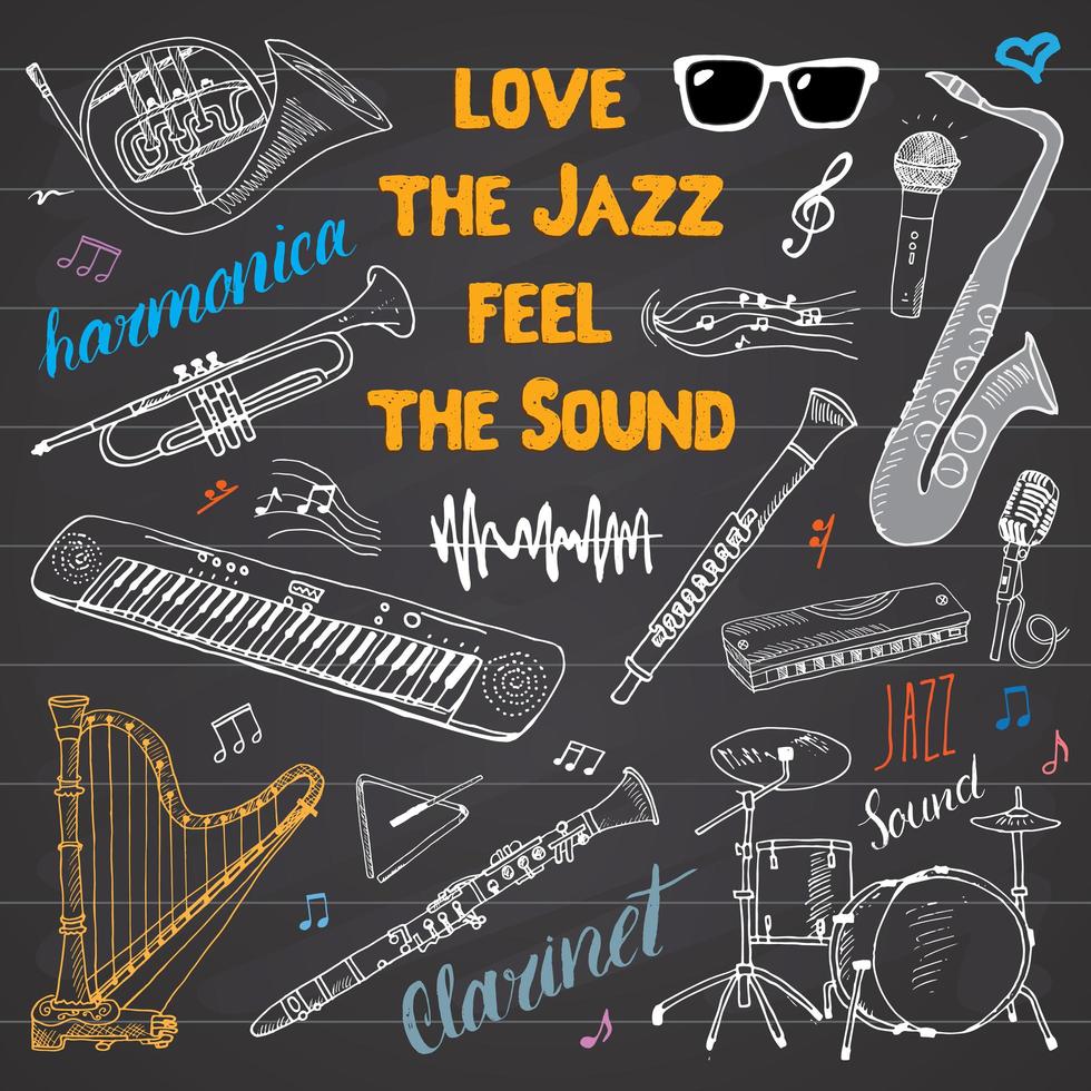 Music Instruments Set Hand Drawn Sketch Vector Illustration On Chalkboard