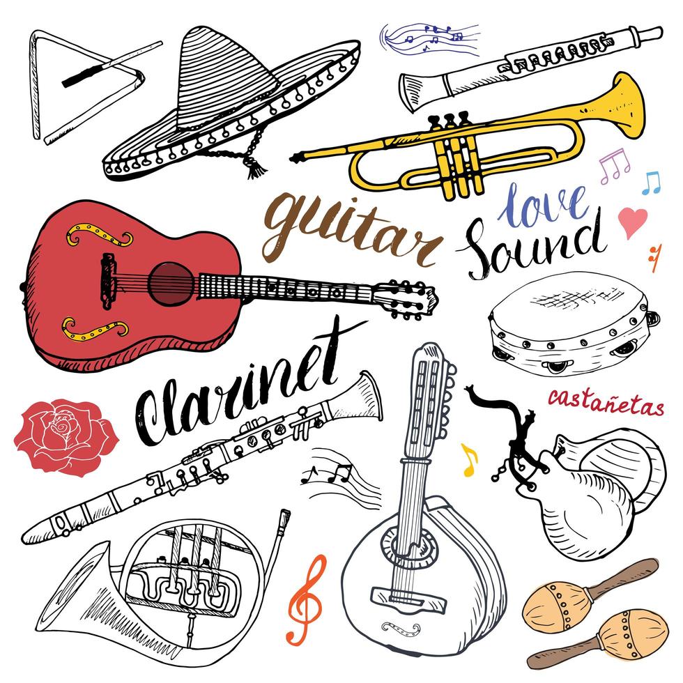 Conjunto de instrumentos musicales dibujados a mano ilustración vectorial boceto aislado vector