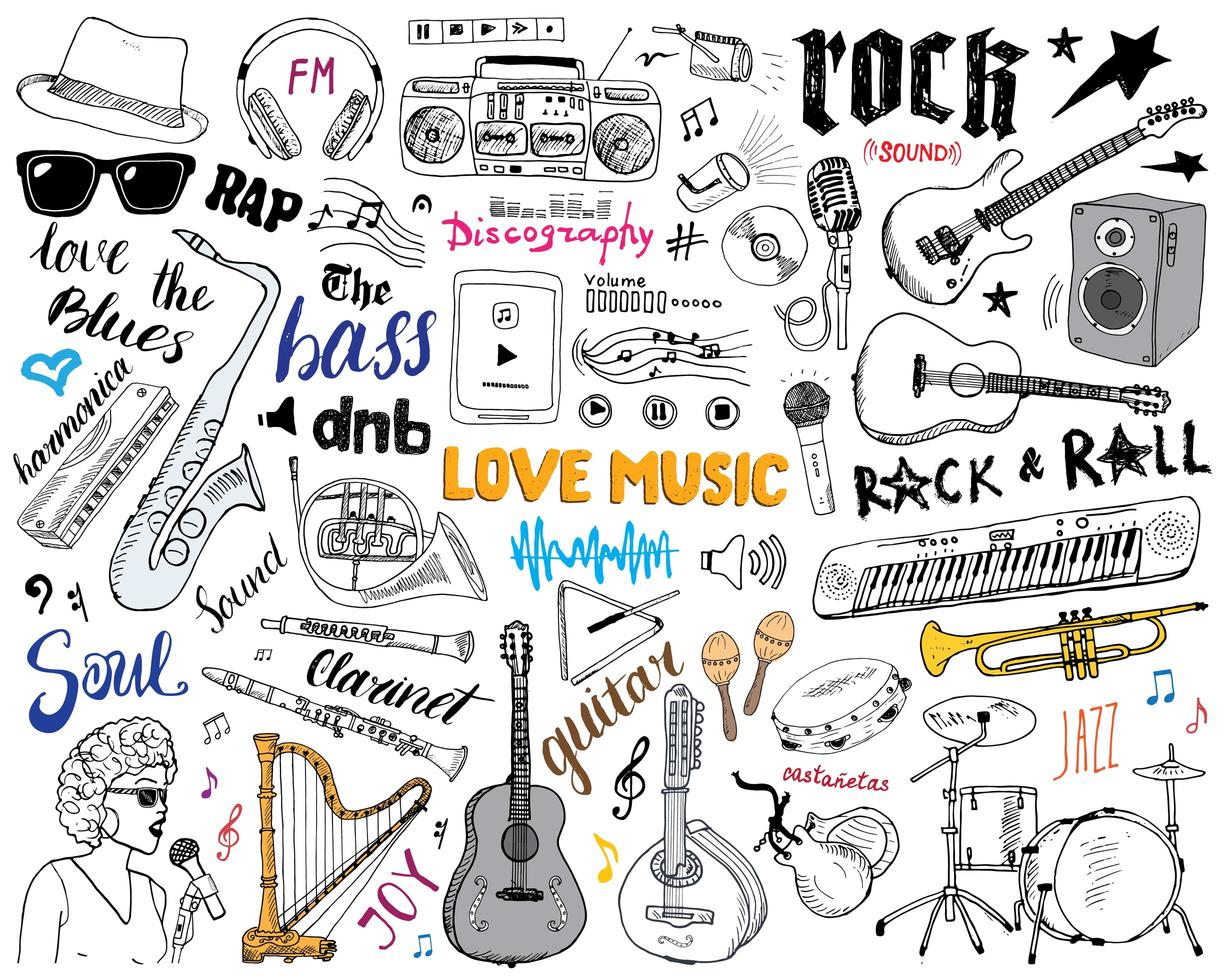 Music Instruments Set Hand Drawn Sketch Vector Illustration Isolated