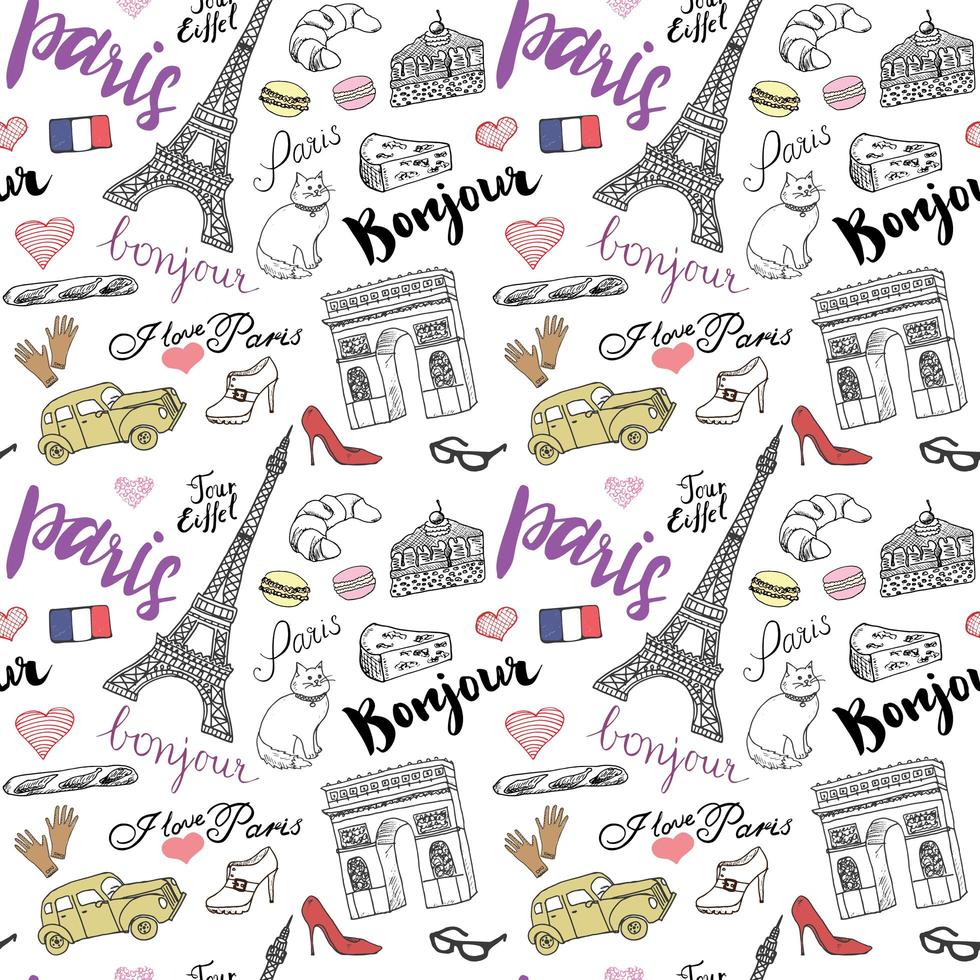 Paris seamless pattern with Hand drawn sketch elements Eiffel tower triumf arch fashion items Drawing doodle vector illustration isolated on white