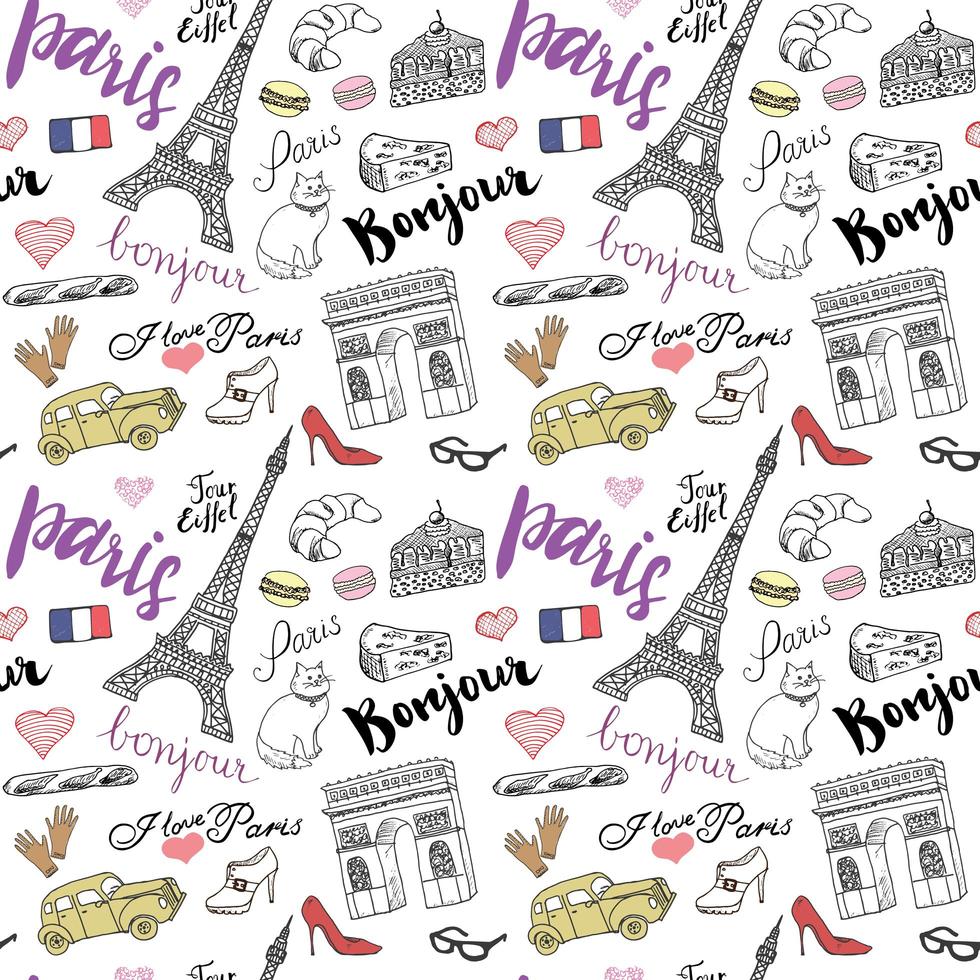 Paris seamless pattern with Hand drawn sketch elements Eiffel tower triumf arch fashion items Drawing doodle vector illustration isolated on white