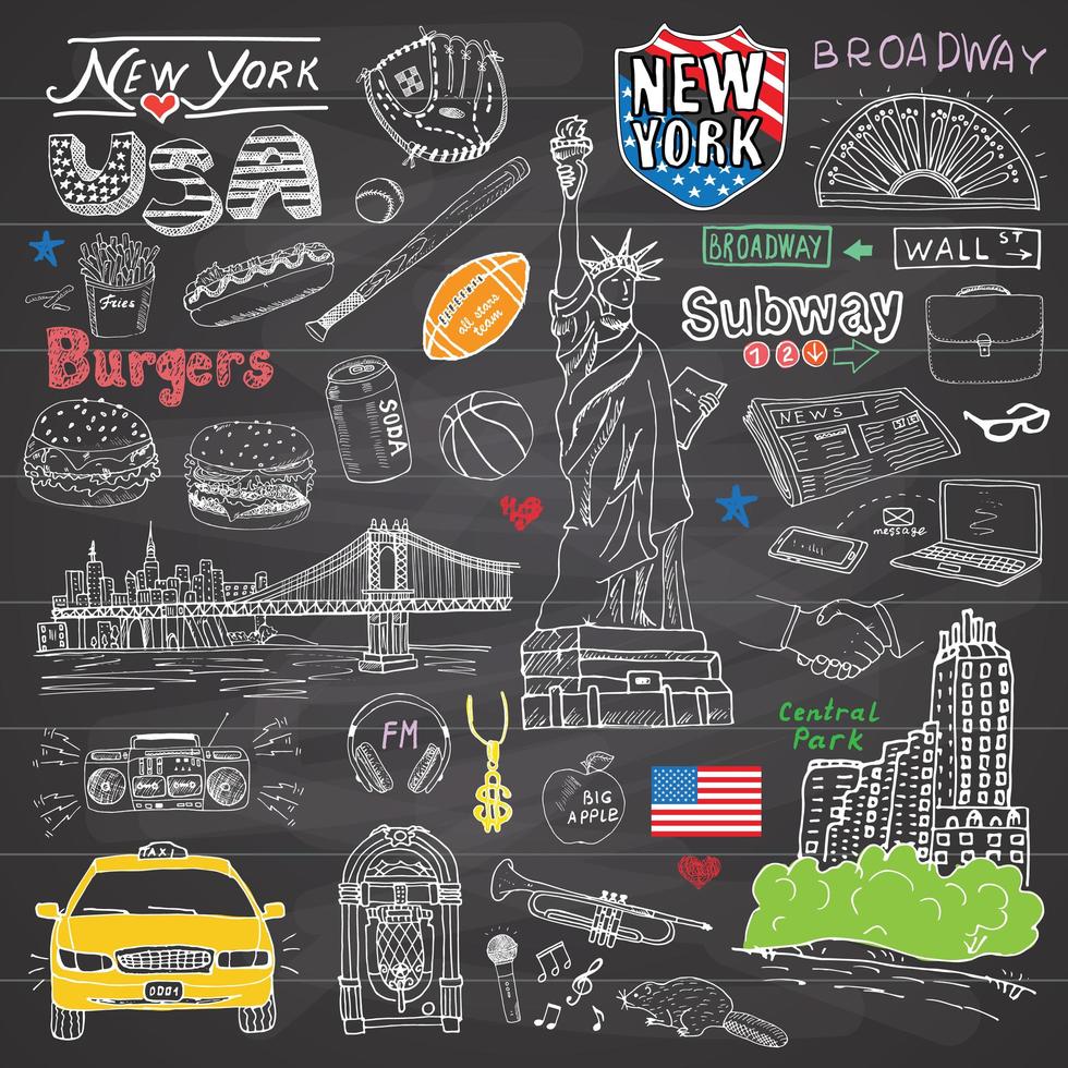 colección de elementos de garabatos de la ciudad de nueva york conjunto dibujado a mano con taxi café hamburguesa de hotdog estatua de la libertad música de broadway café periódico puente de manhattan parque central en pizarra vector