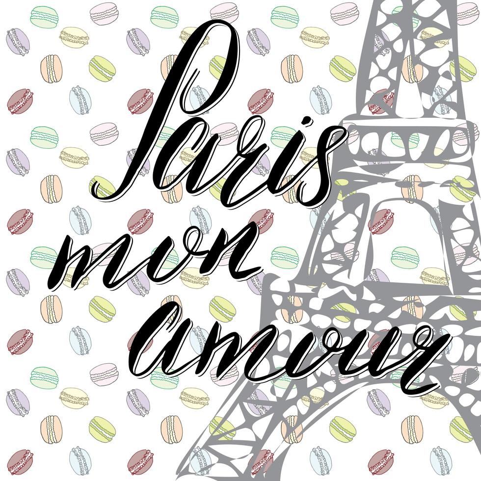 Paris my love lettering sign French words with Hand drawn sketch Eiffel tower on abstract background vector Illustration