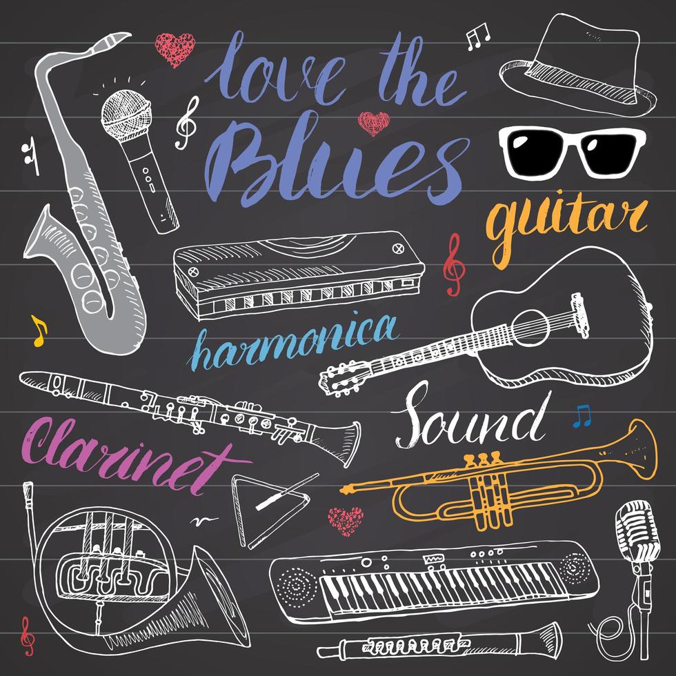 Music Instruments Set Hand Drawn Sketch Vector Illustration On Chalkboard